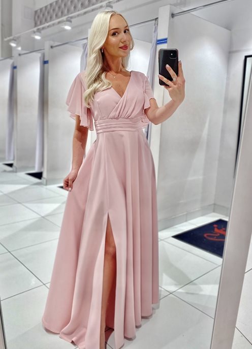 Sukienka długa z rękawkami i pasem p.róż