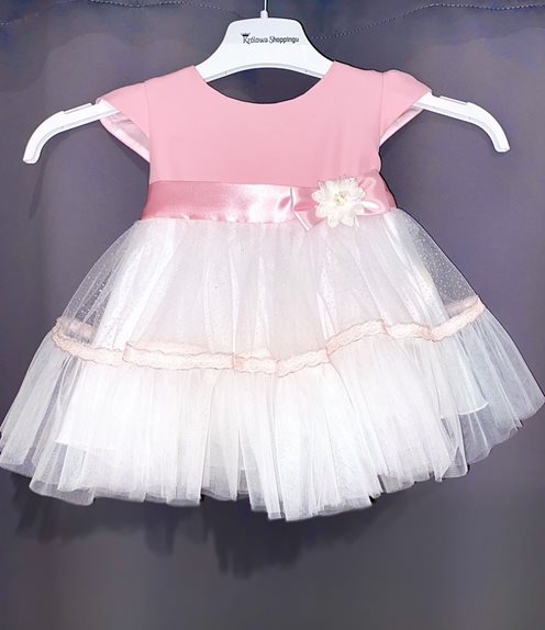 Sukienka dziecięca do chrztu z kwiatkiem róż-biel