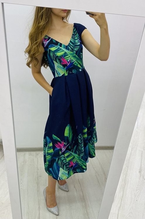 Sukienka midi kwiaty granat -zieleń