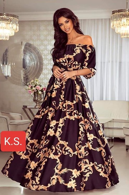 Sukienka długa hiszpanka wzór złoto czarna