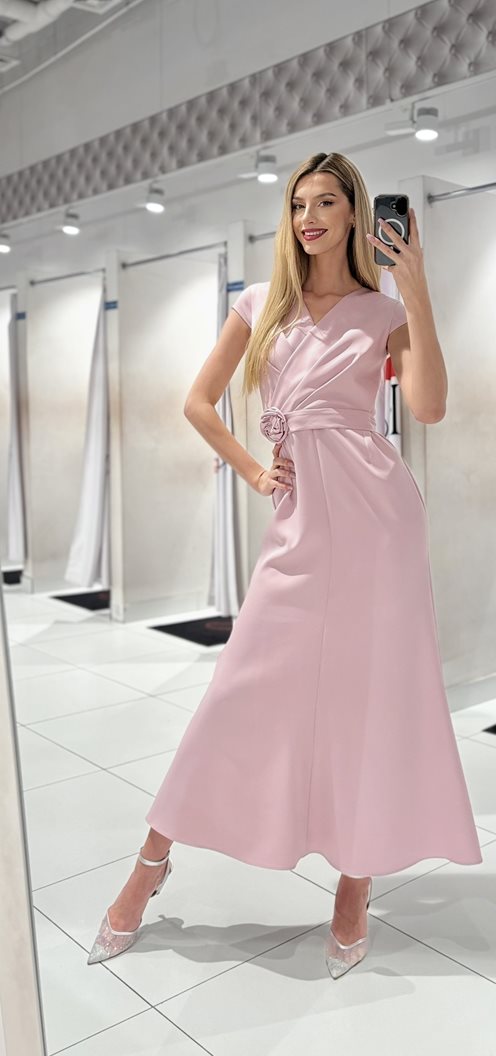 Sukienka długa klasyczna z rękawkiem pasek p. róż