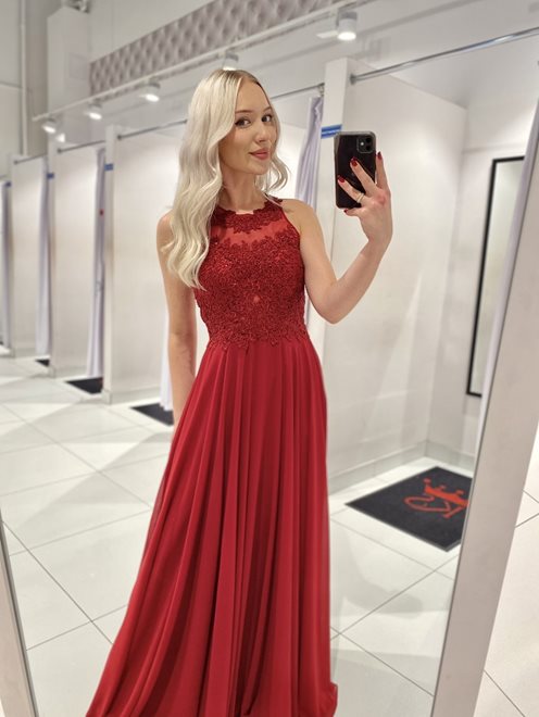 Długa sukienka zabudowany przód ozd plecy bordo