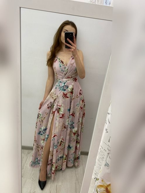 Sukienka długa na ramiączkach fala wzór kwiaty