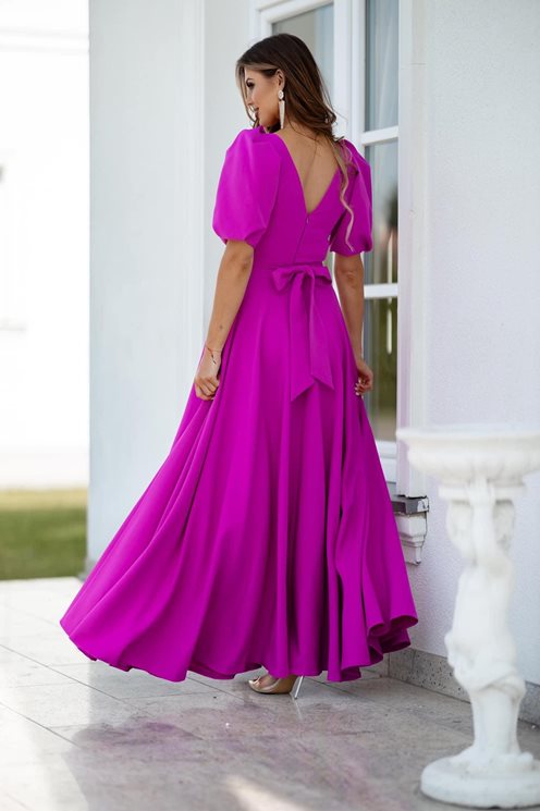 Sukienka długa bufiaste rękawki fuksja