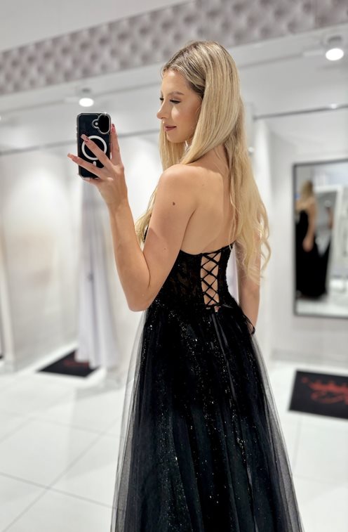 Sukienka tiulowa gorset zdobiony perłami czerń