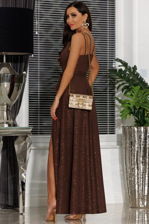 Długa sukienka na ramiączka brokat c.brąz