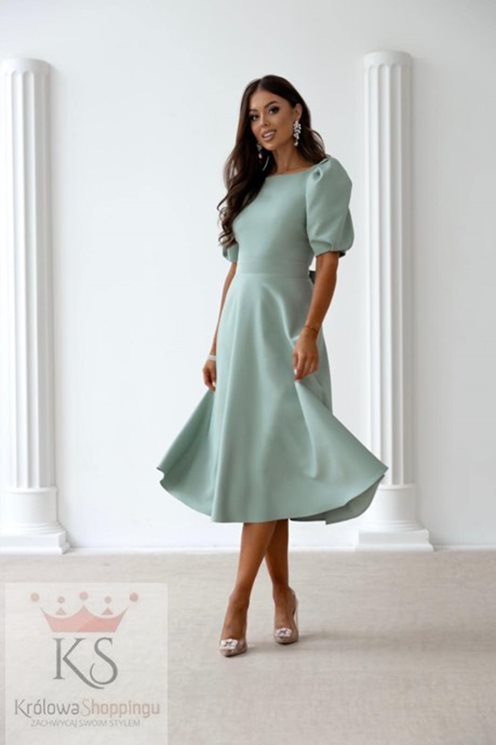 Sukienka midi bufiaste rękawki pistacja