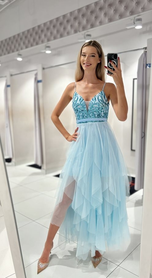 Sukienka długa strzępy tiul błekit