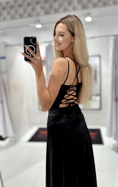 Sukienka długa satyna wiązane plecy czerń