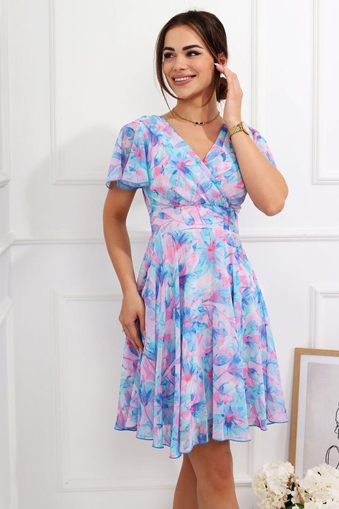 Sukienka krótka print kwiaty i pas niebieska