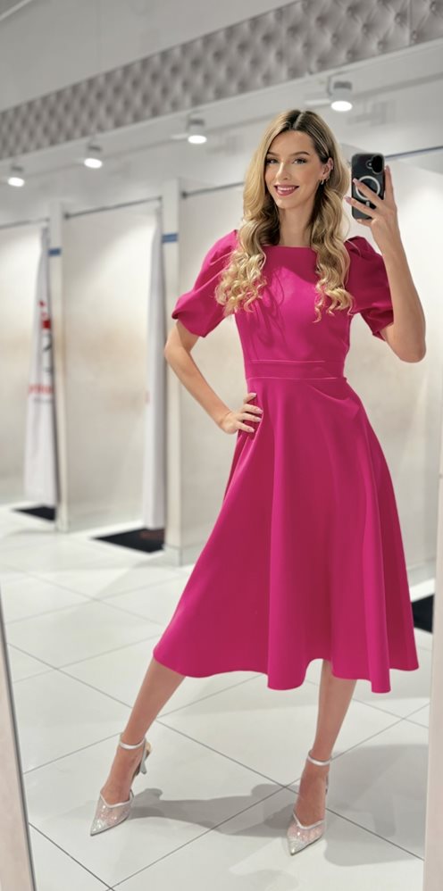 Sukienka midi bufiaste rękawki magenta