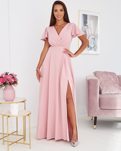 sukienka długa rękawek motylek pudrowy róż