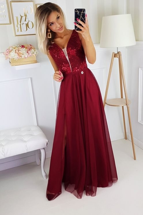 Sukienka długa gorsetowa tiulowa bordo