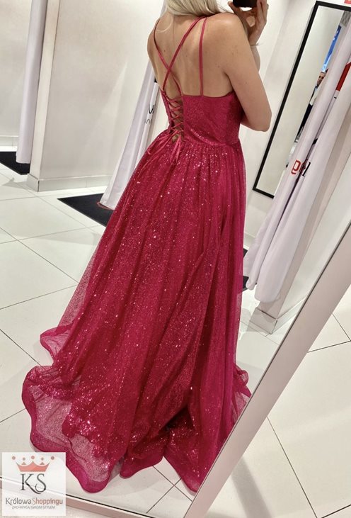 Sukienka długa rozłożysta mocno brokatowa fuksja