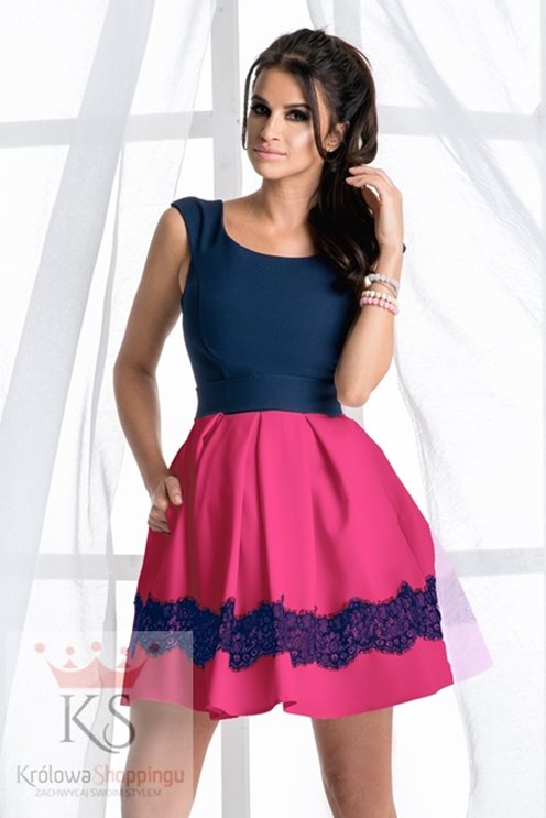 Rozkloszowana sukienka z kokardką fuksja/granat