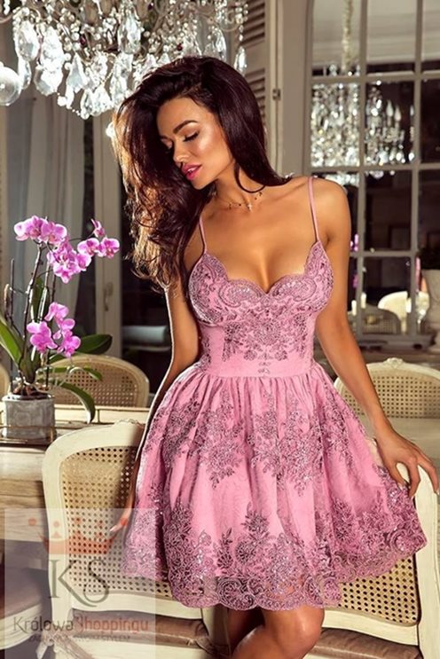 Sukienka koronka cienkie ramiączka róż