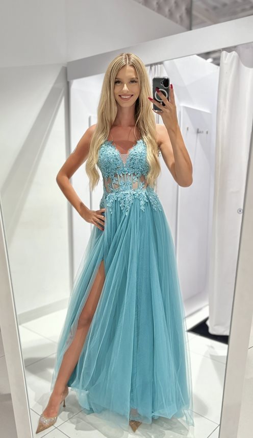 Sukienka długa tiulowa gorset koronka pistacja