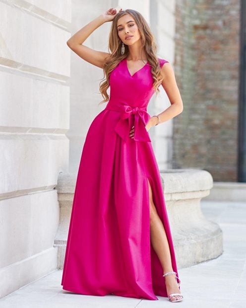 Sukienka długa gruby pas zakładki fuksja