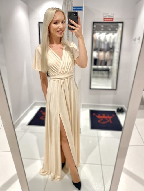 Sukienka długa z rękawkiem i gumką ecru