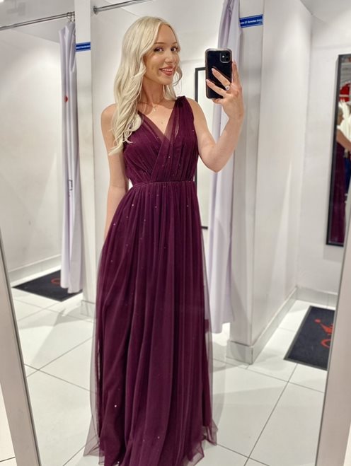 Sukienka długa tiulowa błyszcząca ramiączka bordo