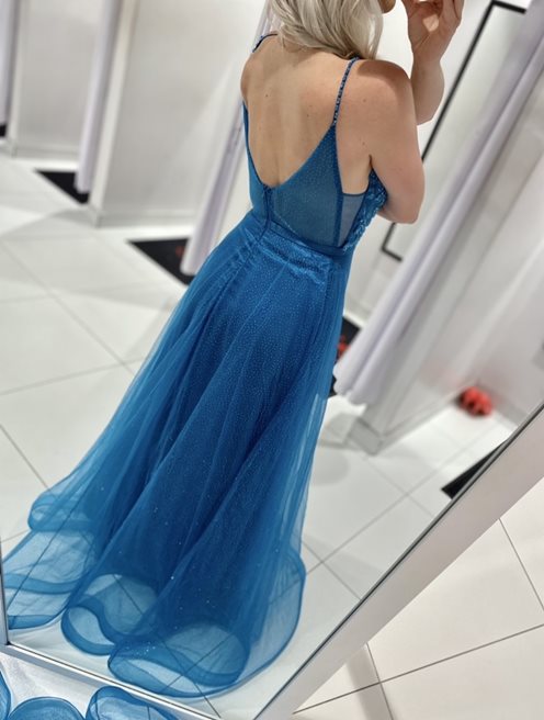 Sukienka długa z naszywaną aplikacją petrol