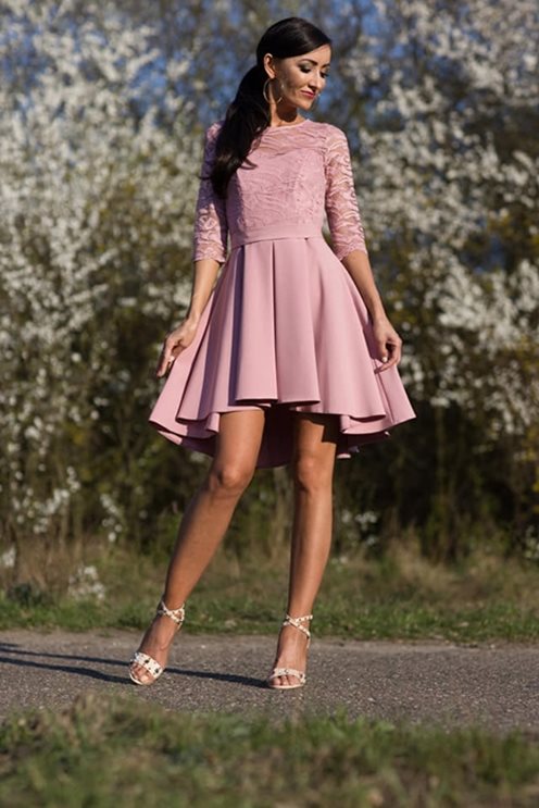 Sukienka koronkowy rękawek asymetryczna róż