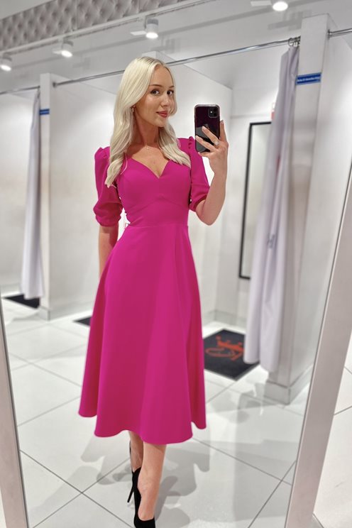 Sukienka midi rękawek wiązanie tył fuksja