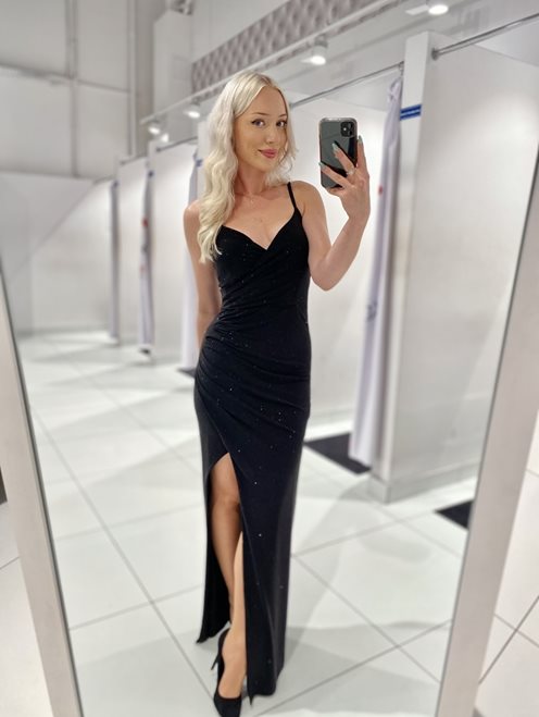 Długa sukienka brokat rozcięcie zamek czarna