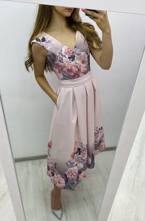 Sukienka midi kwiaty róż/szary