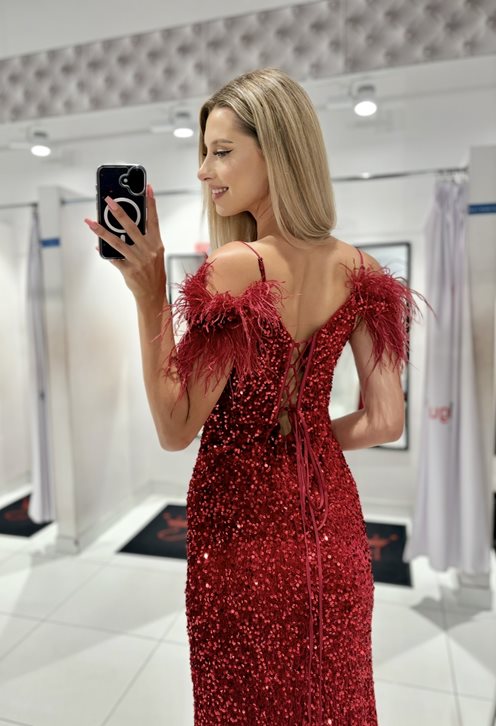 Sukienka długa cekiny gorset pióra rozcięcie bordo