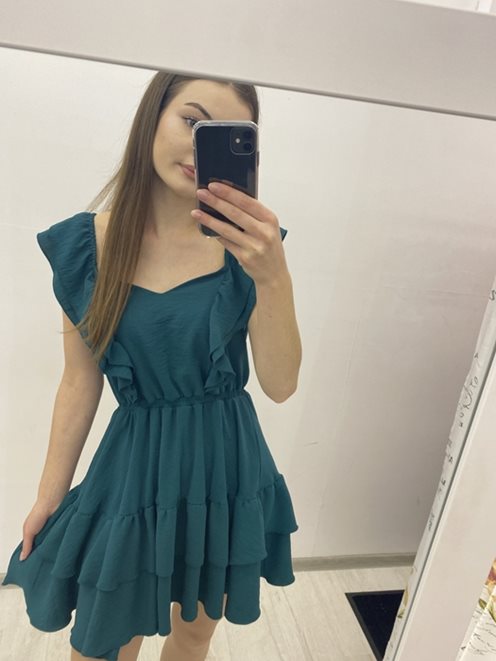 Sukienka krótka z 2 falbankami matowa zieleń