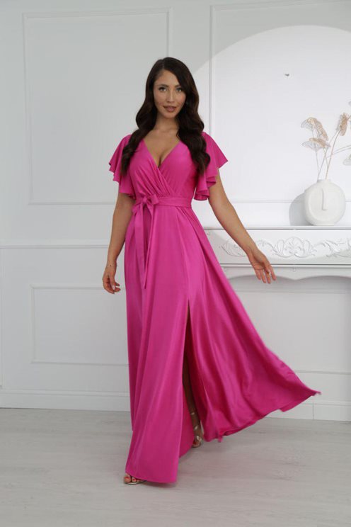 Długa sukienka rękawek mat neonowy róż