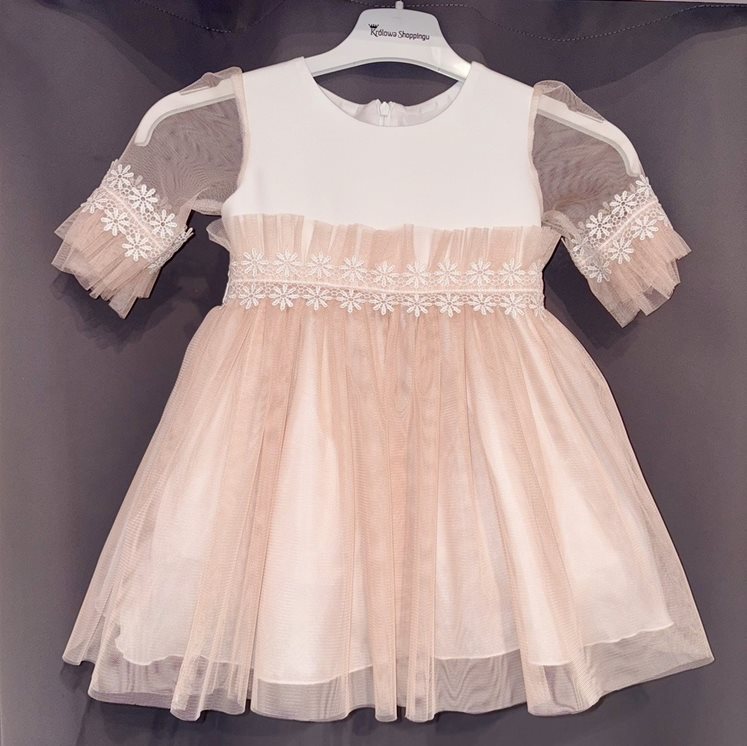 Sukienka dziecięca tiulowy rękawek kwiatki morela