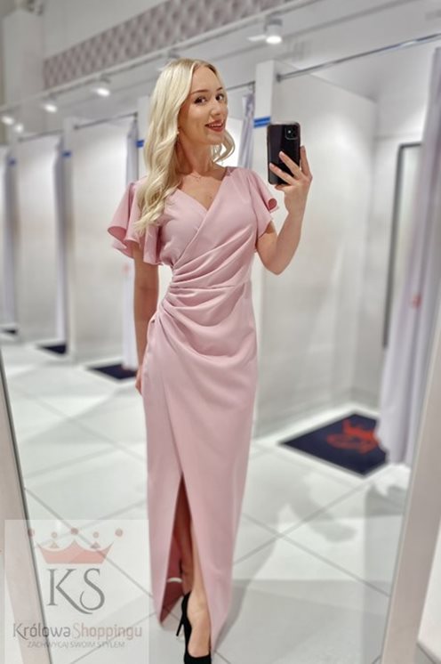 Sukienka długa dopasowana falbana rękaw p. róż