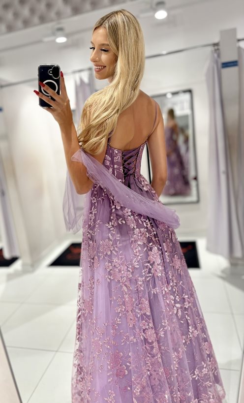 Sukienka długa tiulowa zdobiona brokatem lawenda