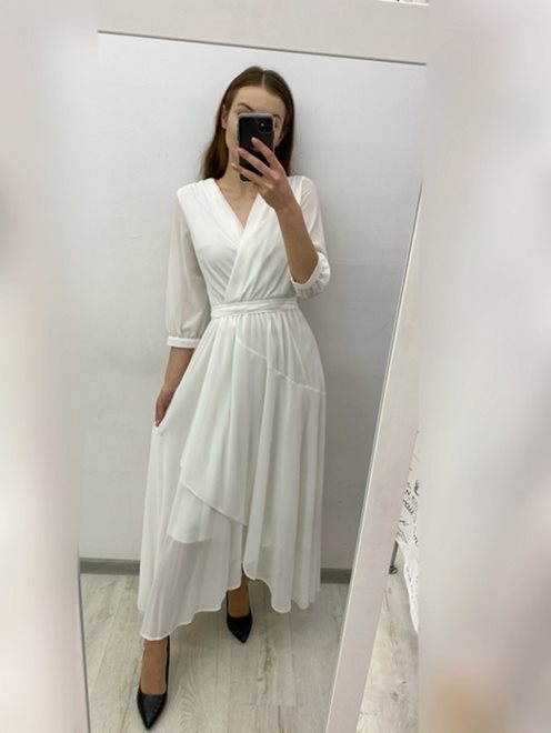 Sukienka długa zwiewna z gumką i rękawkiem biel