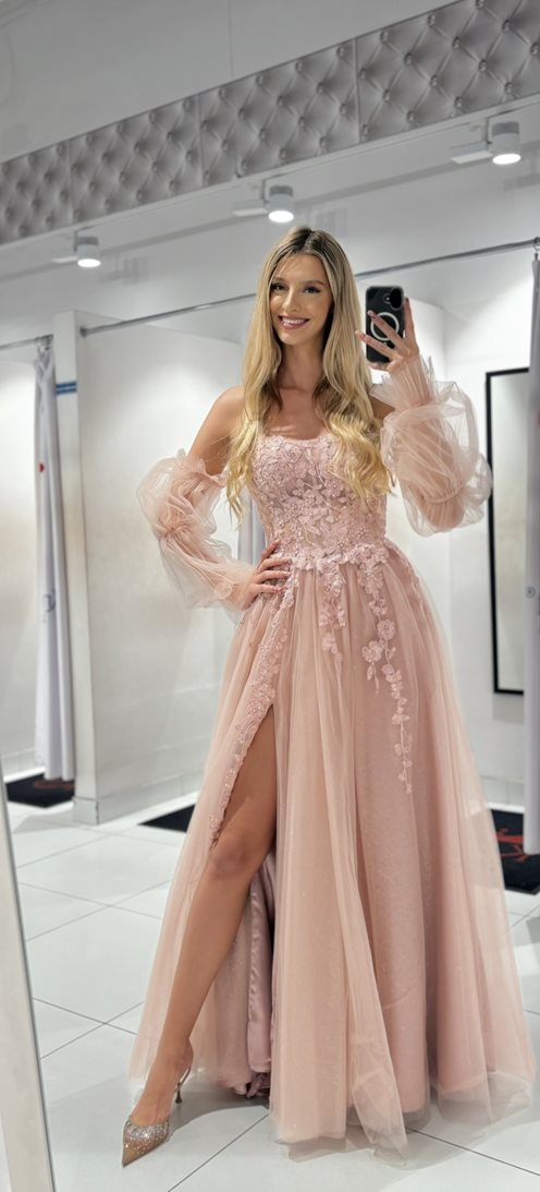 Sukienka długa tiul koronka brokat rękawy p.róż