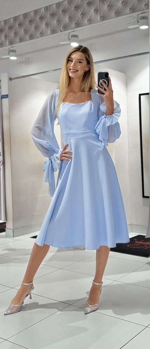 Sukienka midi wiązane rękawki błękit