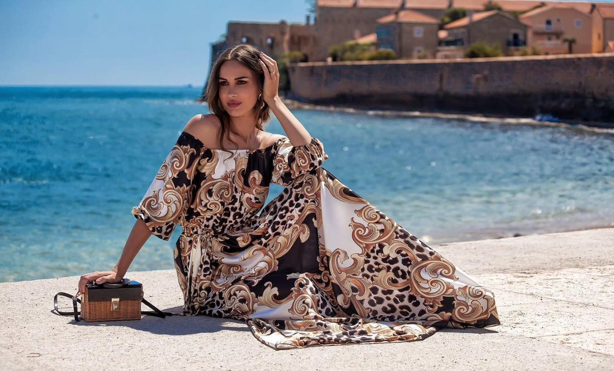 Sukienka długa hiszpanka wzór złoto biel czerń