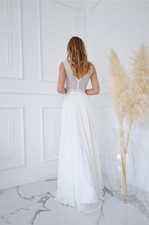 Sukienka długa góra koraliki szyfon biel