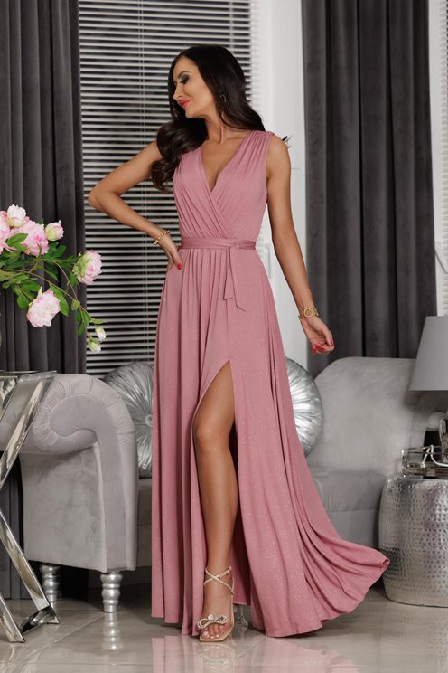 Długa sukienka fala dekolt brokat róż