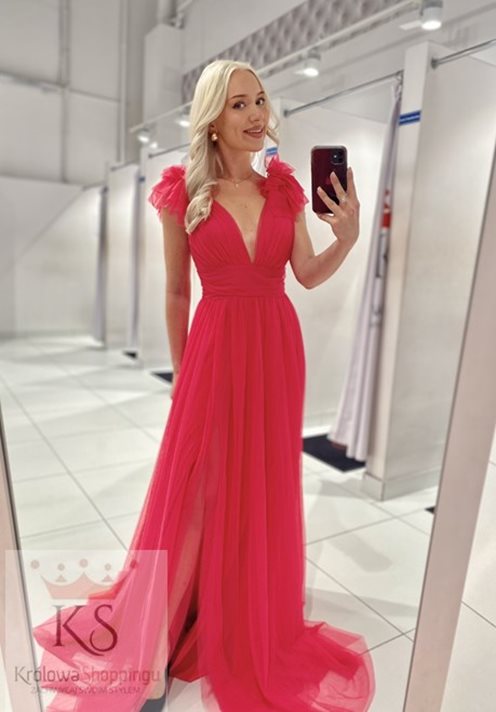 Sukienka długa tiul ozdoba na ramionach róż