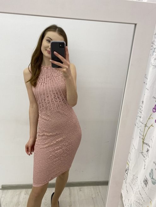 Sukienka krótka koronkowa paski dekolt b.róż