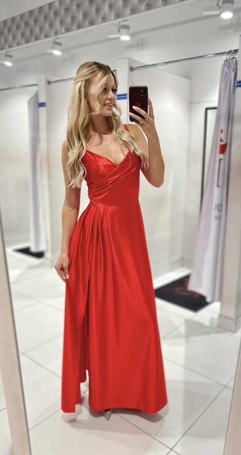 Sukienka długa satyna rozkloszowana czerwień