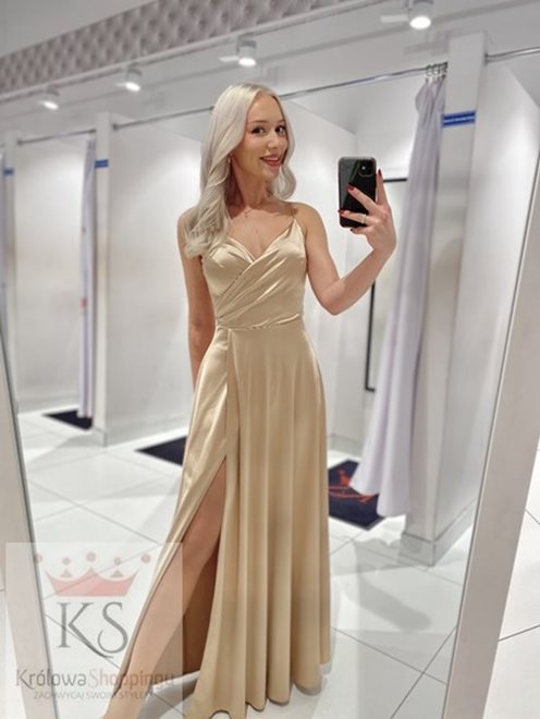 Sukienka długa satynowa rozkloszowana złoto