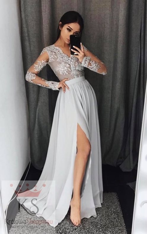 Długa sukienka z koronką szary