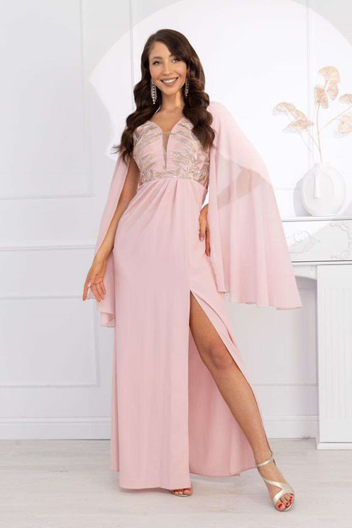 Sukienka długa wyszywana góra rękaw szyfon p. róż