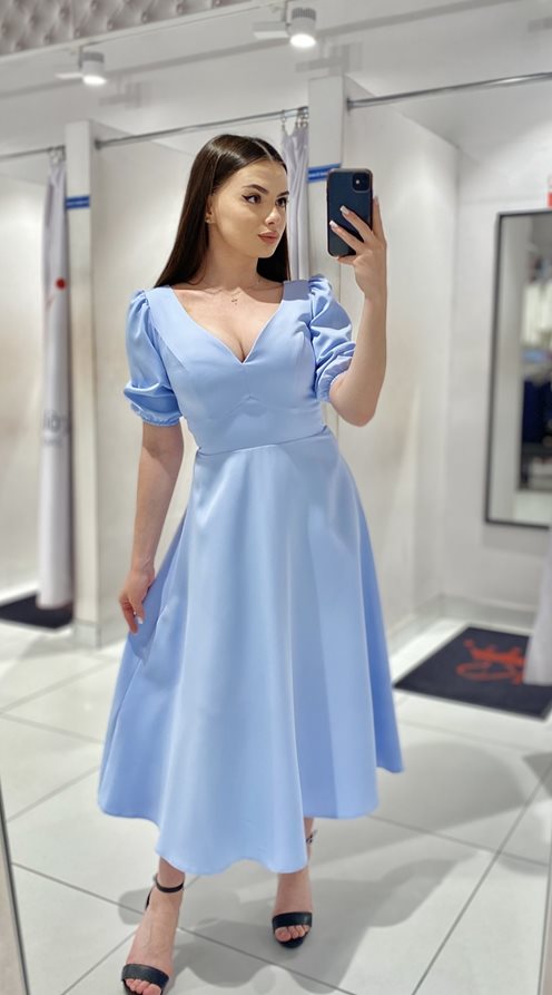 Sukienka midi rękawek wiązanie tył błękit