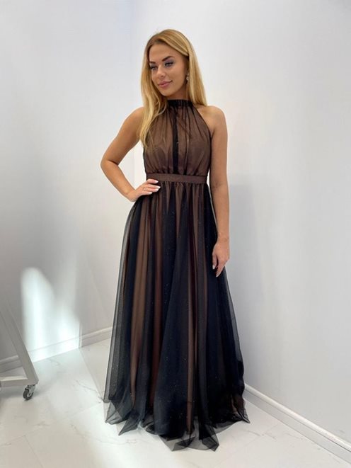 Sukienka długa tiulowa z wiązaniem brokat beż/czar