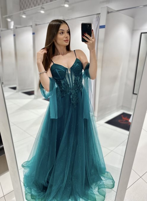 Sukienka długa gorset tiul błysk zieleń